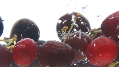 Cherries splash in the water