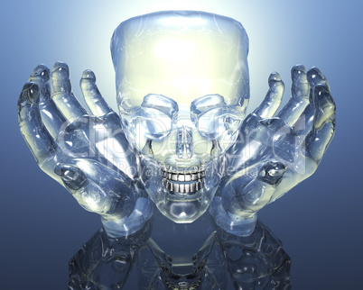 3D glass skull in glass hands