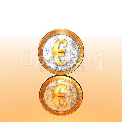 Golden coin with reflectoin on mirror