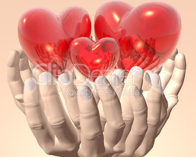 bright red glass hearts in hands