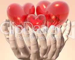 bright red glass hearts in hands