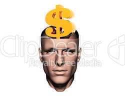 men head with golden us dollar sign isolated on a white