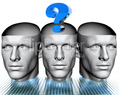 3D man heads with blue question mark