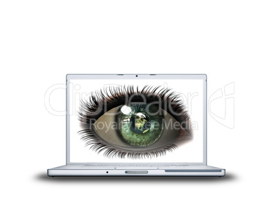 3D girl eye on laptop screen isolated on a white
