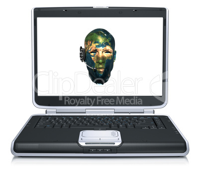 3d model of the man head world map textured on laptop screen