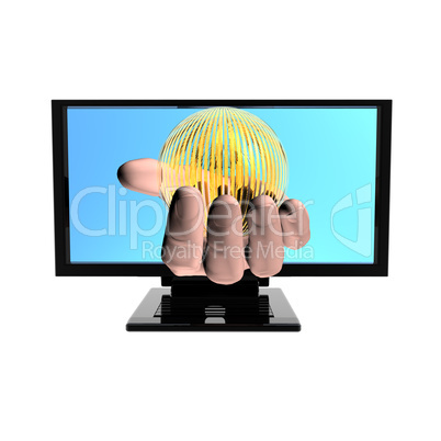 Computer screen with hand isolated on white