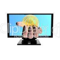 Computer screen with hand isolated on white
