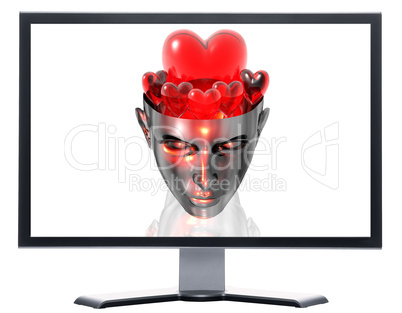 monitor with 3D heart in 3D cyborg girl head