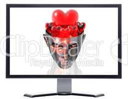 monitor with 3D heart in 3D cyborg girl head