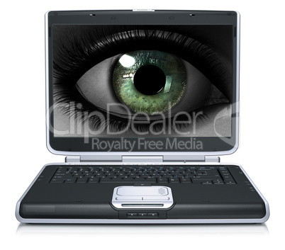 girl eye on laptop screen isolated on a white