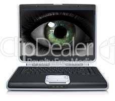 girl eye on laptop screen isolated on a white