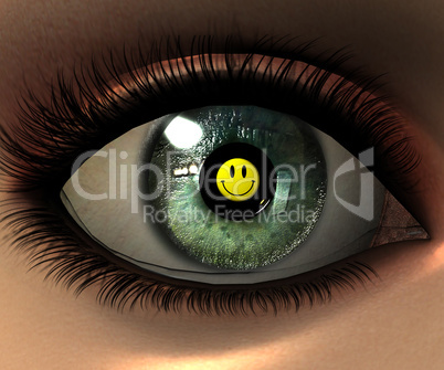 beautiful girl eye in 3D with smiley face in eyeball