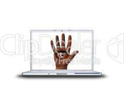 hand with girl eye on laptop screen isolated on white back