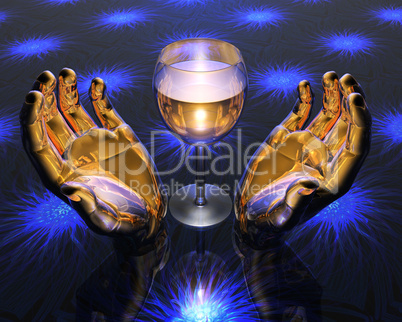 3D glass in golden hands