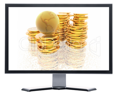 monitor with coins isolated on white