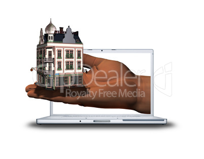 3D hand with house on laptop