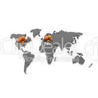 golden coins on world map isolated on a white