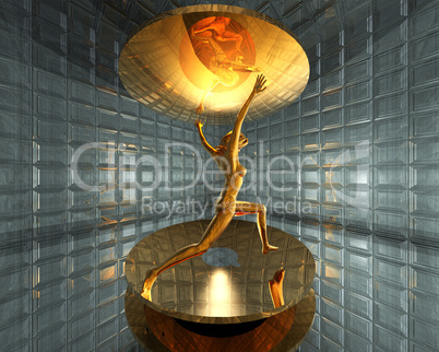 3d golden virtual girl between two golden disc