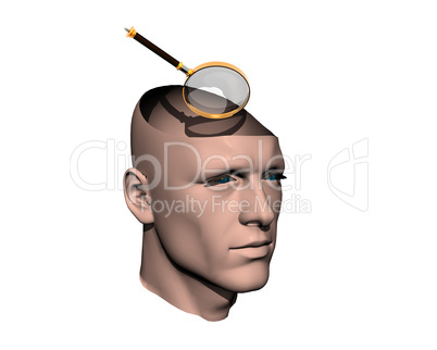 3D men cracked head with magnifying glass