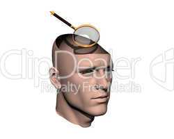 3D men cracked head with magnifying glass