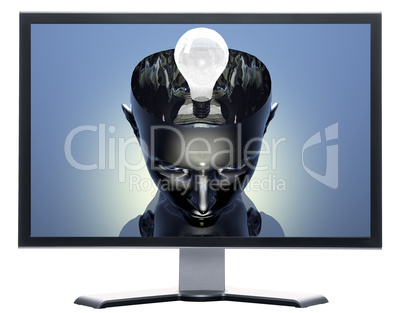 monitor with 3D lamp in 3D cyborg girl head