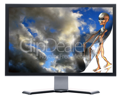 monitor with 3d alien and curling sky
