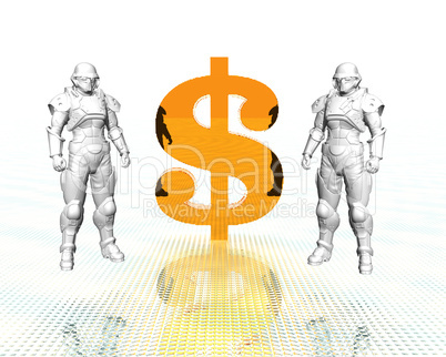 3d soldiers in a gas mask with golden us dollar
