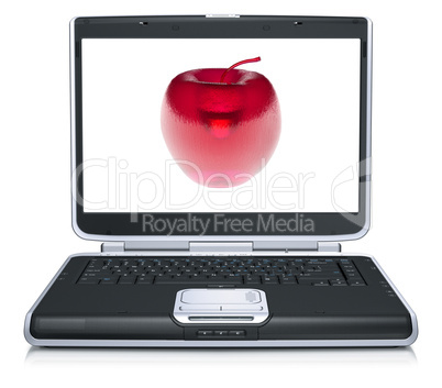 glass apple on laptop screen isolated on white