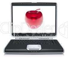 glass apple on laptop screen isolated on white