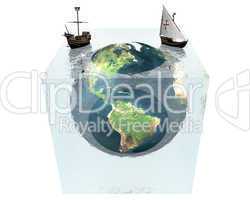 earth in cracked glass cube with ships on white back