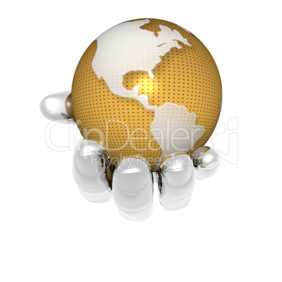 3D earth in bright hand isolated on a white