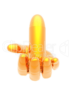 bright 3D golden bullet on the hand isolated on white