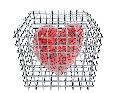 3d hearts in birdcage isolated on white