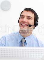 Smiling customer service agent with headset on