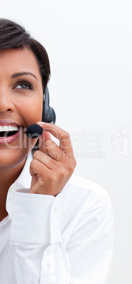 Smiling businesswoman with headset on