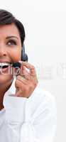 Smiling businesswoman with headset on