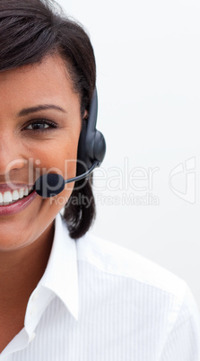 Ethnic customer service agent with headset on