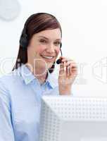 Smiling customer service agent with headset on