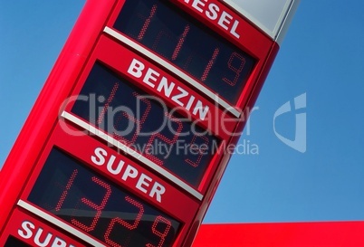 Werbetafel der Tankstelle mit Benzinpreisen