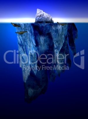 Eisberg in der Frontalansicht über und unter Wasser mit Robben im Wasser