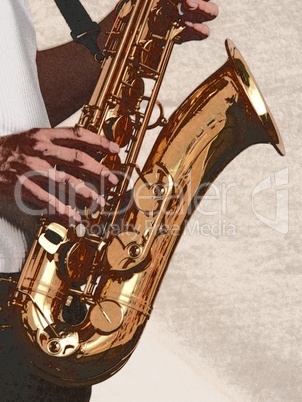 Illustration einer Detailaufnahme eines Saxophons mit Spieler
