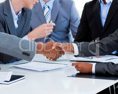 Close-up of business people greeting each other