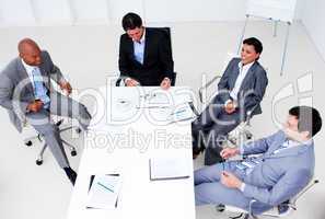 High angle of a smiling business team in a meeting