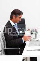 Businessman eating chinese food with chopstick