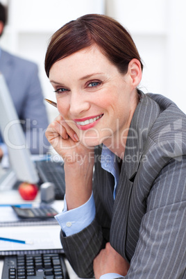 Close-up of an attractive businesswoman at work