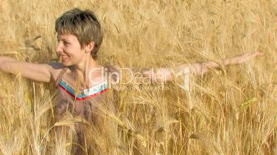 HD Woman strokes the ears of wheat by hands