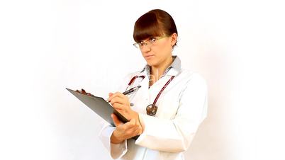 Female doctor in glasses recording something on notepad