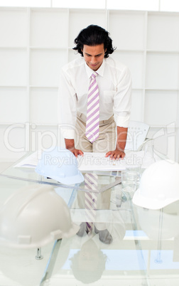 Portrait of a smiling architect studying plans