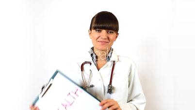 Female doctor holding notepad with health word