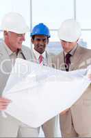 Three engineer co-workers studying plans